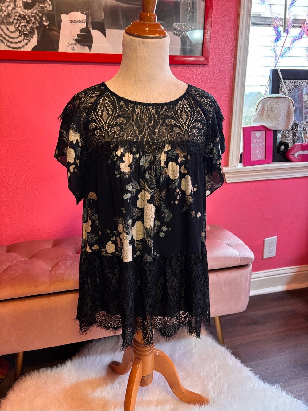 Johnny Was Black Floral Lace Overlay Blouse with Cream Accents